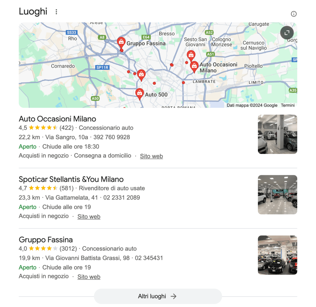 local pack per concessionaria auto Milano Local SEO